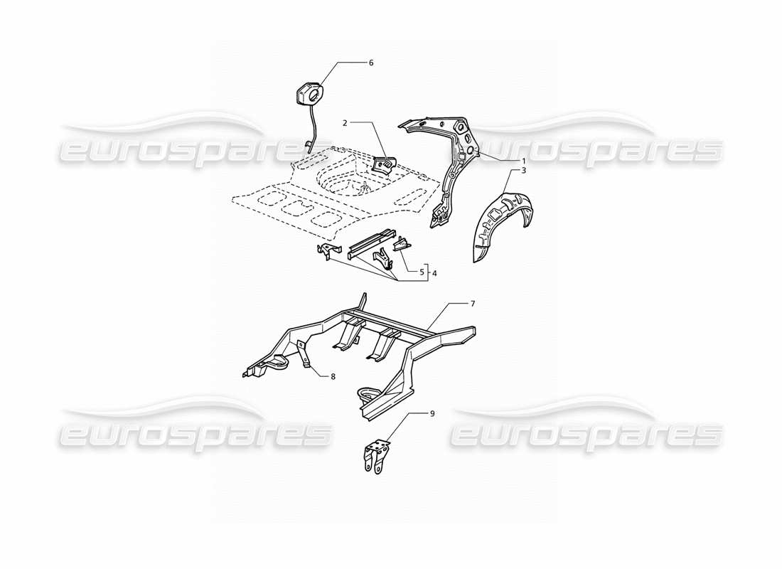 maserati qtp v6 (1996) body shell: rear outer structure parts diagram