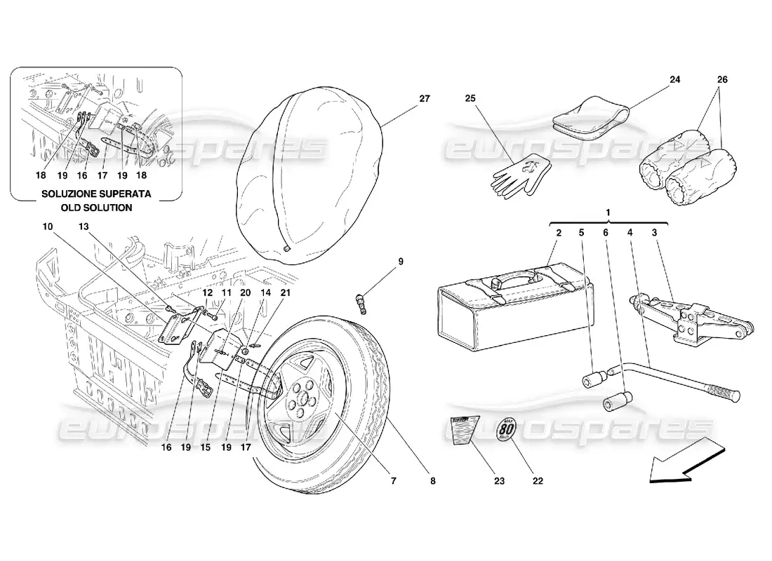 ferrari 355 (5.2 motronic) spare wheel and equipment - optional parts diagram