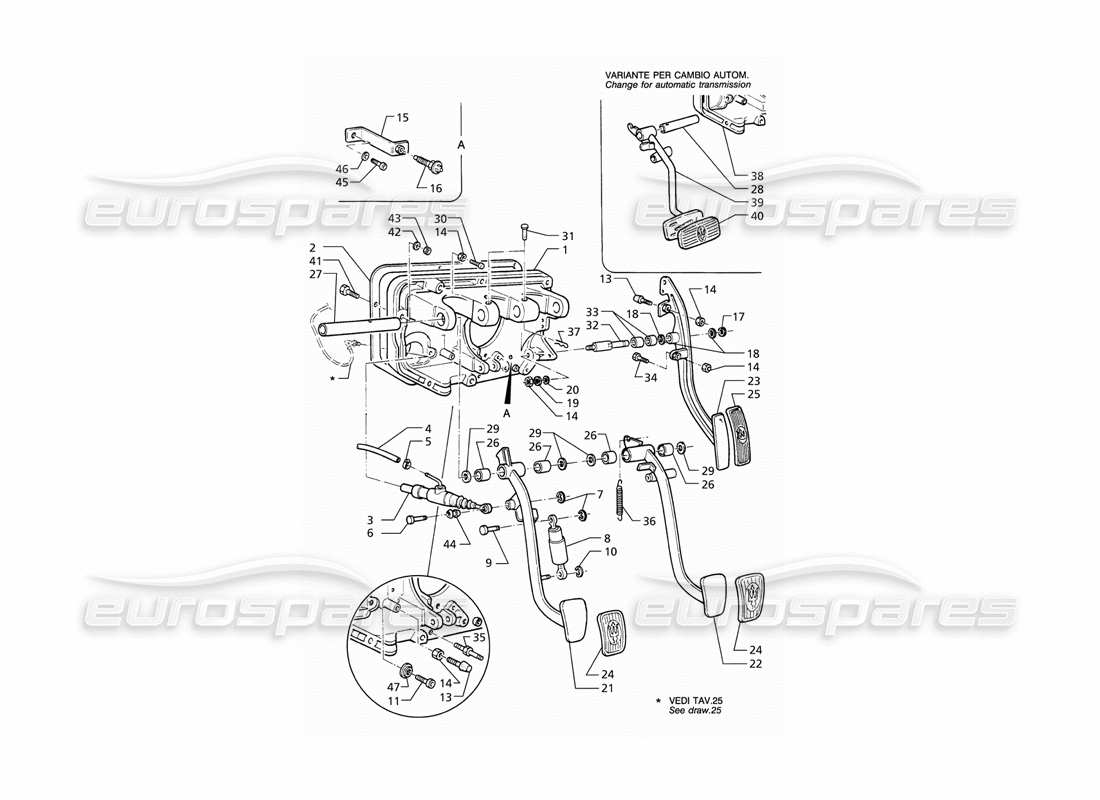 maserati qtp v8 (1998) pedal assy and clutch pump (lhd) parts diagram