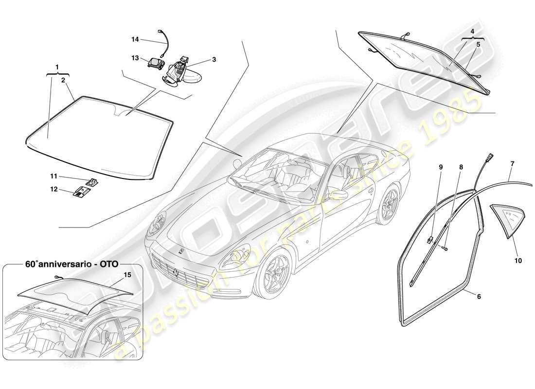 ferrari 612 scaglietti (usa) screens, windows and seals part diagram