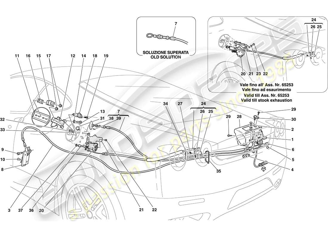 ferrari f430 coupe (rhd) engine compartment lid and fuel filler flap opening mechanisms part diagram