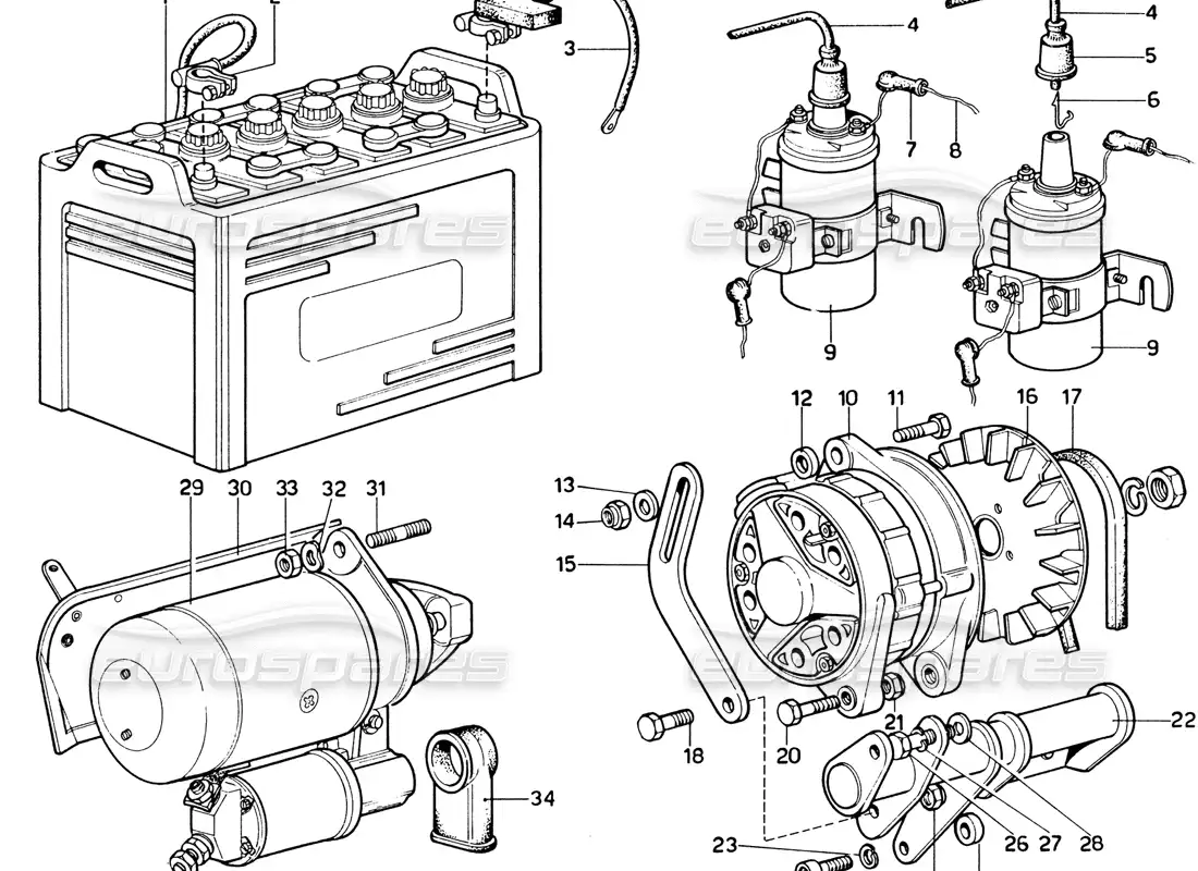 ferrari 365 gtb4 daytona (1969) generator, accumulator coils & starter parts diagram