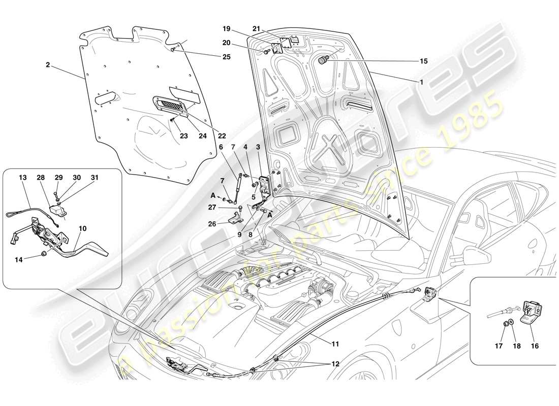 ferrari 599 gtb fiorano (rhd) engine compartment lid part diagram