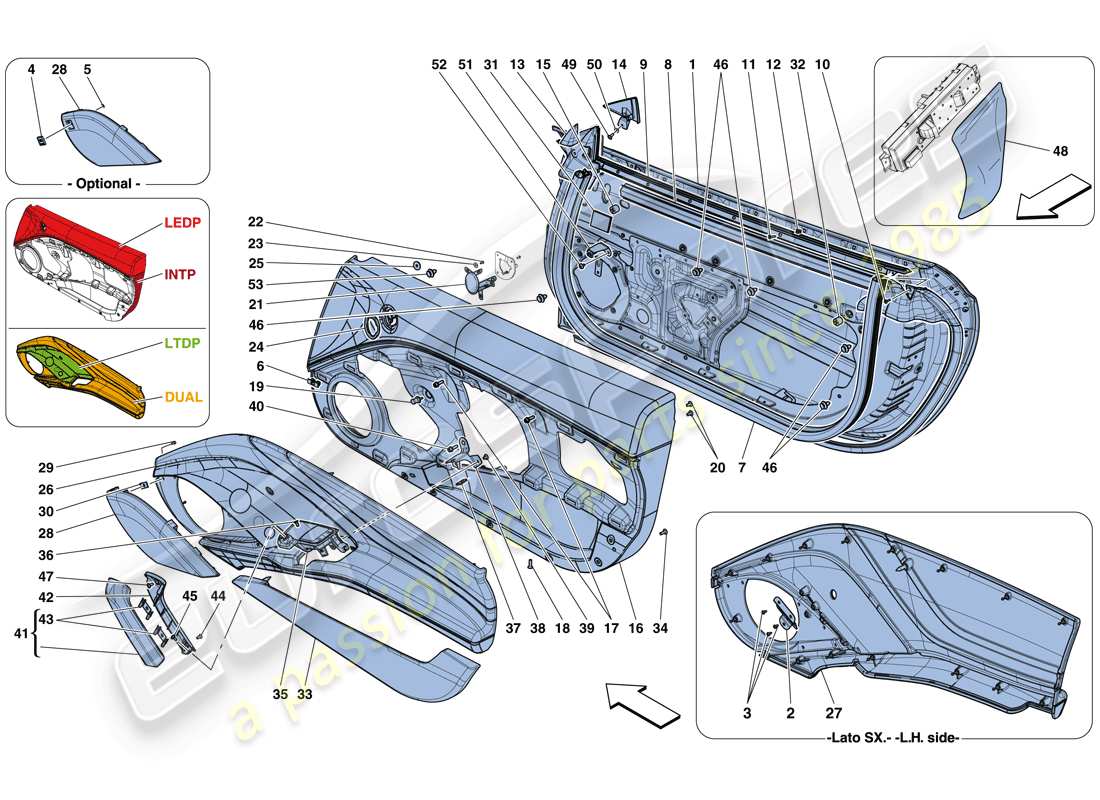 ferrari california t (rhd) doors - substructure and trim parts diagram