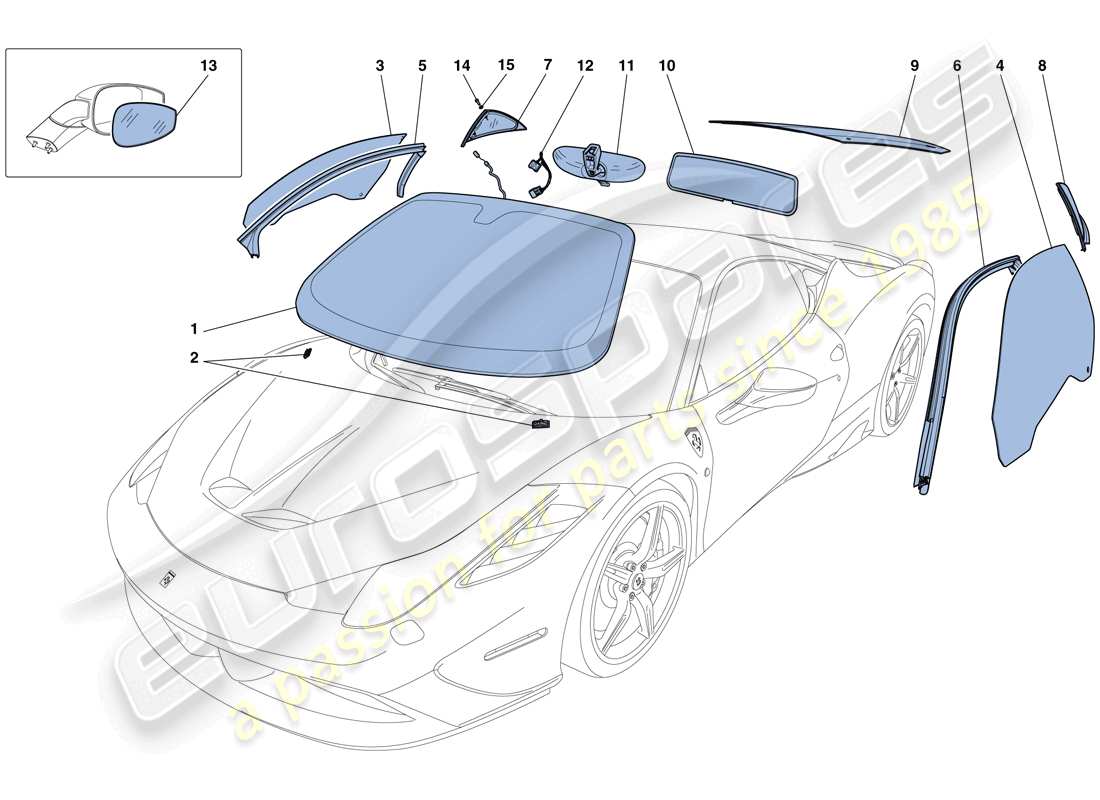 ferrari 458 speciale (rhd) screens, windows and seals parts diagram