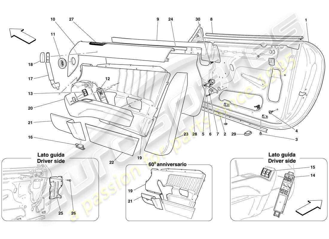 ferrari 612 scaglietti (rhd) doors - substructure and trim parts diagram