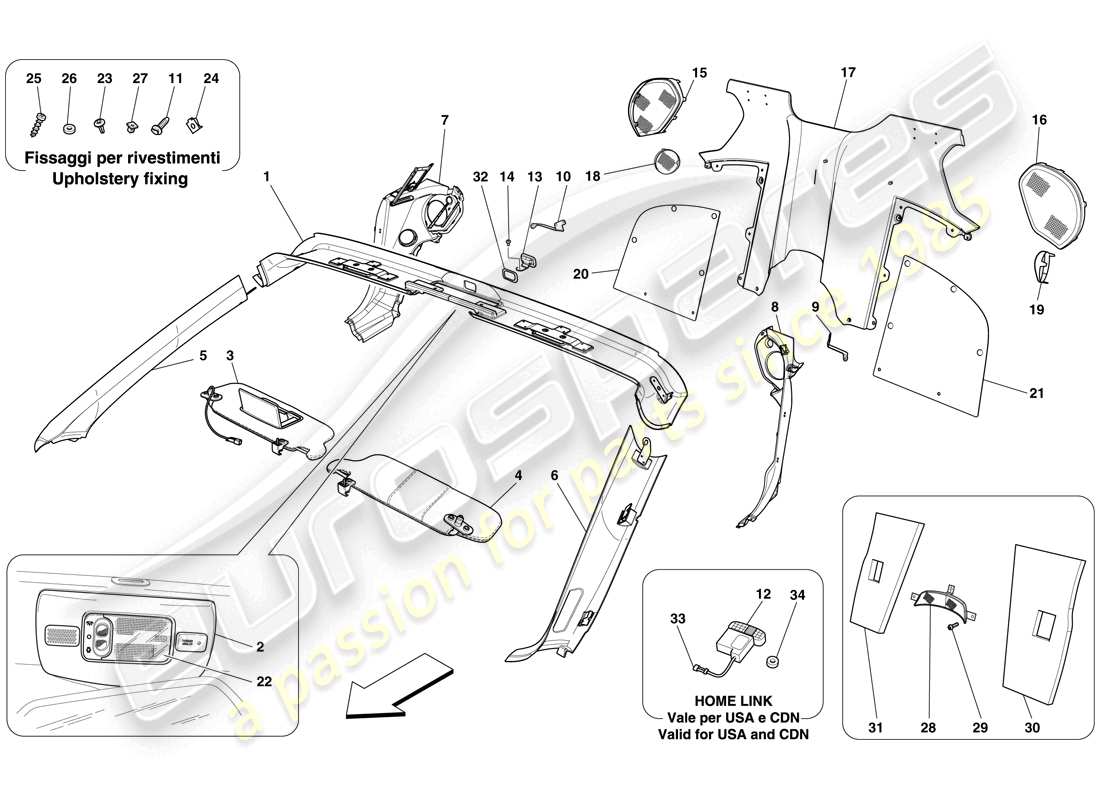ferrari 599 sa aperta (rhd) windscreen rim and rear passenger compartment trim part diagram