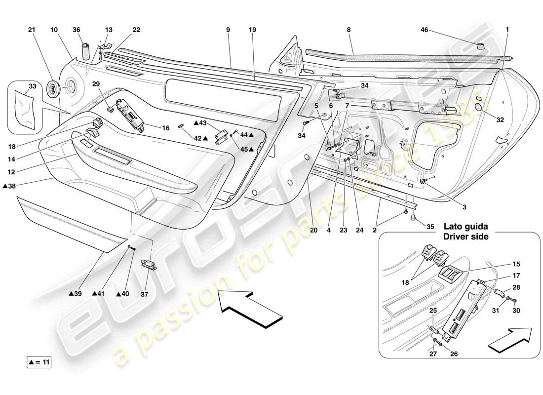 ferrari 599 gto (europe) doors - substructure and trim part diagram