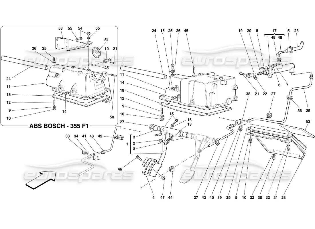 ferrari 355 (5.2 motronic) clutch release control and pedal support parts diagram