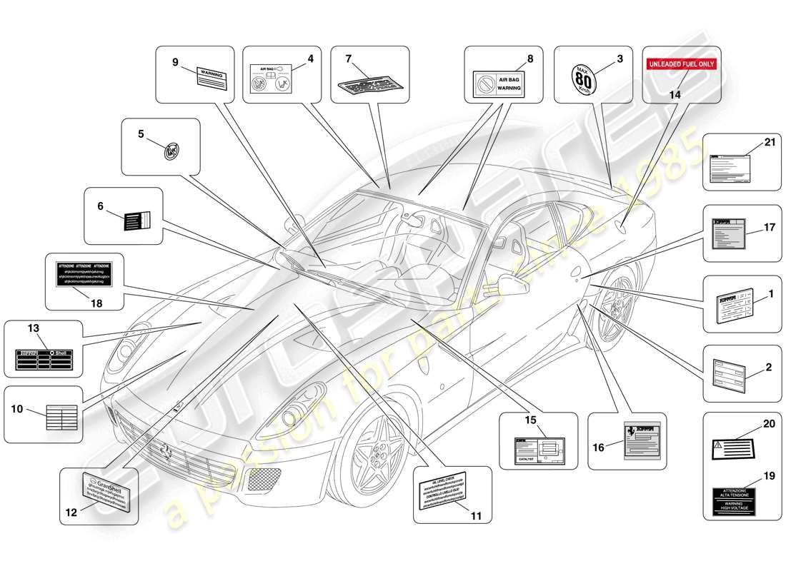 ferrari 599 gtb fiorano (usa) adhesive labels and plaques part diagram