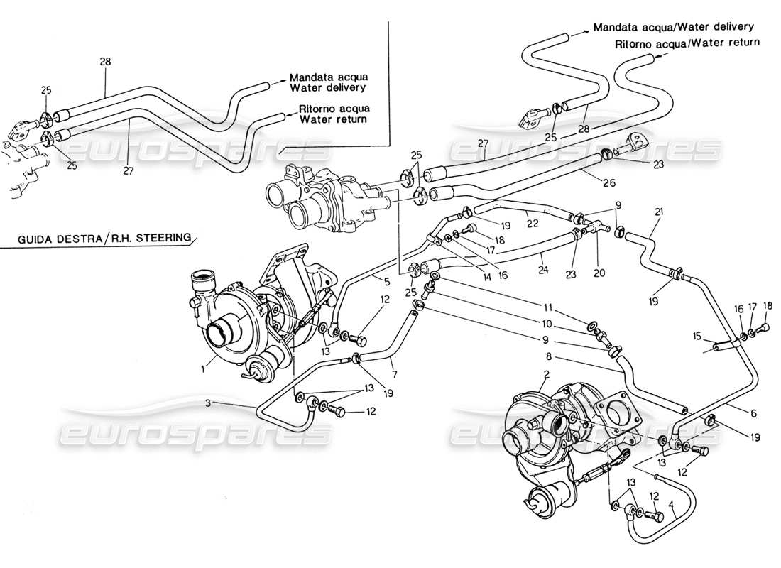 maserati 222 / 222e biturbo water cooled turboblowers part diagram