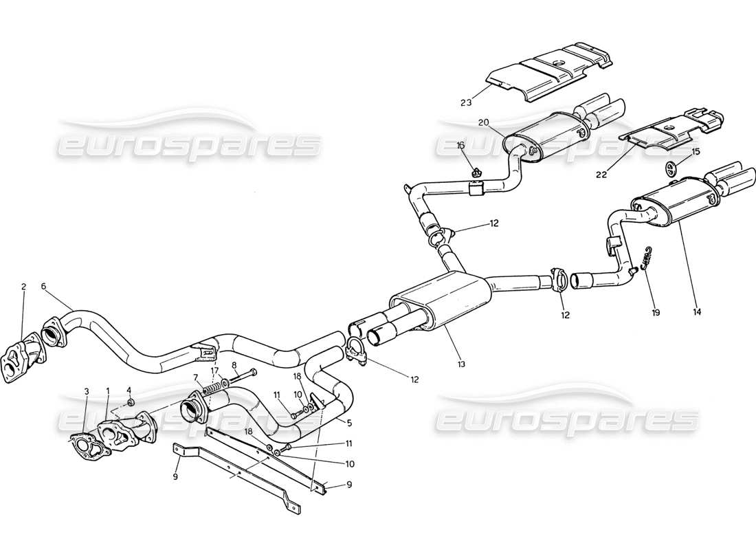 maserati 222 / 222e biturbo exhaust system without catalyst parts diagram