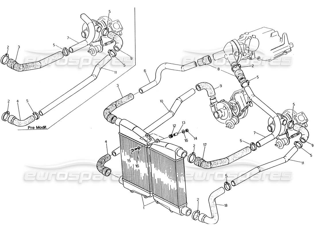 maserati 222 / 222e biturbo heal exchanger - pipes parts diagram