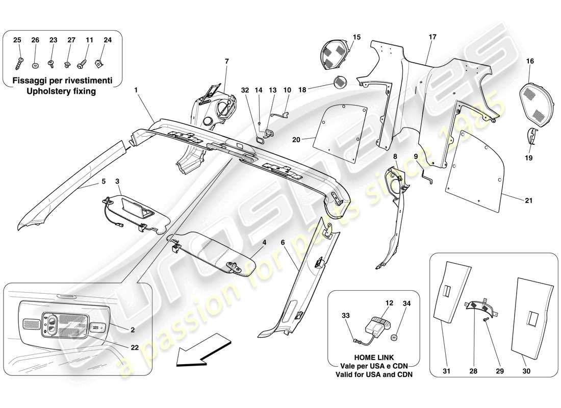 ferrari 599 sa aperta (europe) windscreen rim and rear passenger compartment trim parts diagram