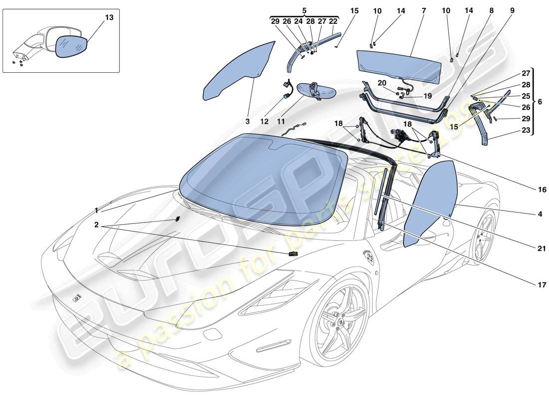 ferrari 458 speciale aperta (usa) screens, windows and seals part diagram