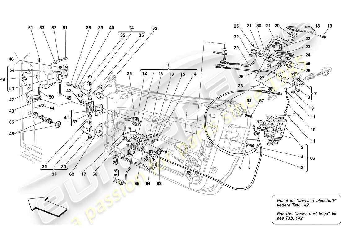 ferrari f430 coupe (usa) doors - opening mechanism and hinges part diagram