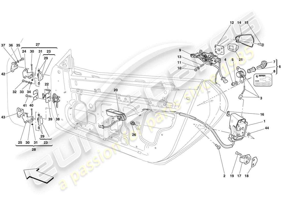 ferrari 599 gtb fiorano (europe) doors - opening mechanism and hinges parts diagram