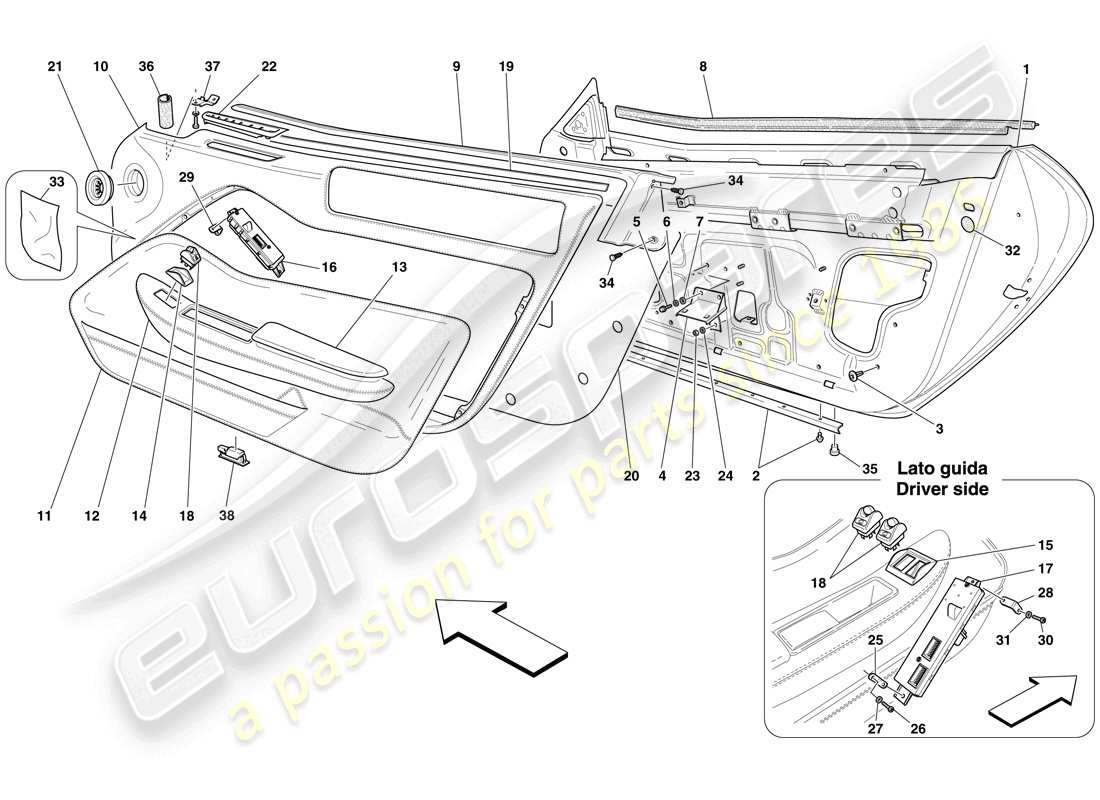 ferrari 599 gtb fiorano (usa) doors - substructure and trim part diagram