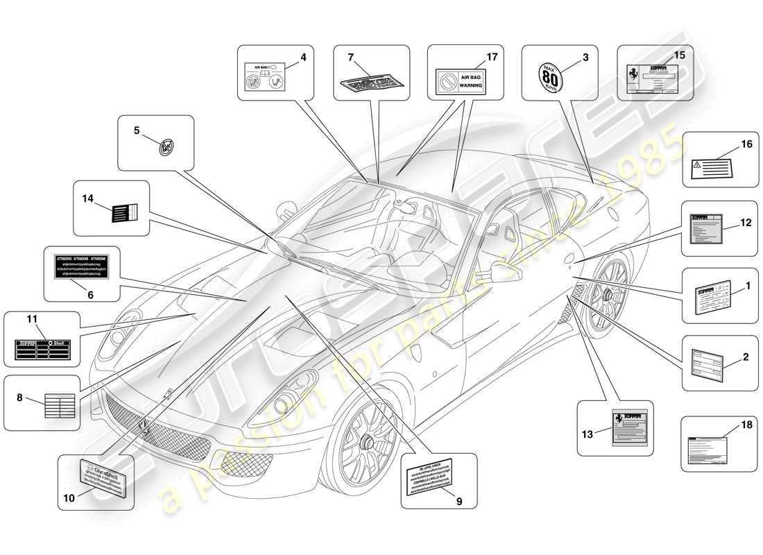 ferrari 599 gto (europe) adhesive labels and plaques part diagram