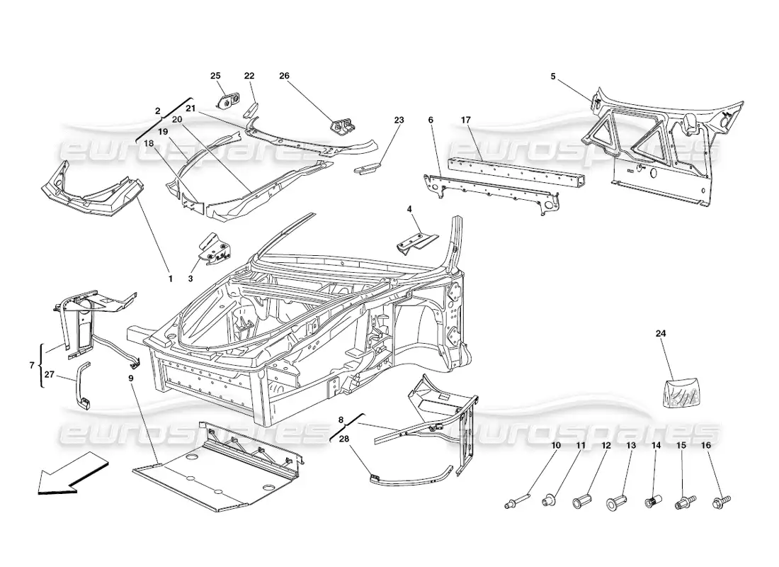 ferrari 430 challenge (2006) frame - front elements structures and plates parts diagram