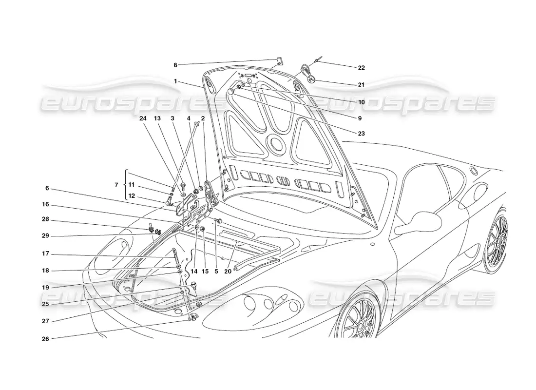 ferrari 430 challenge (2006) front hood & opening device parts diagram