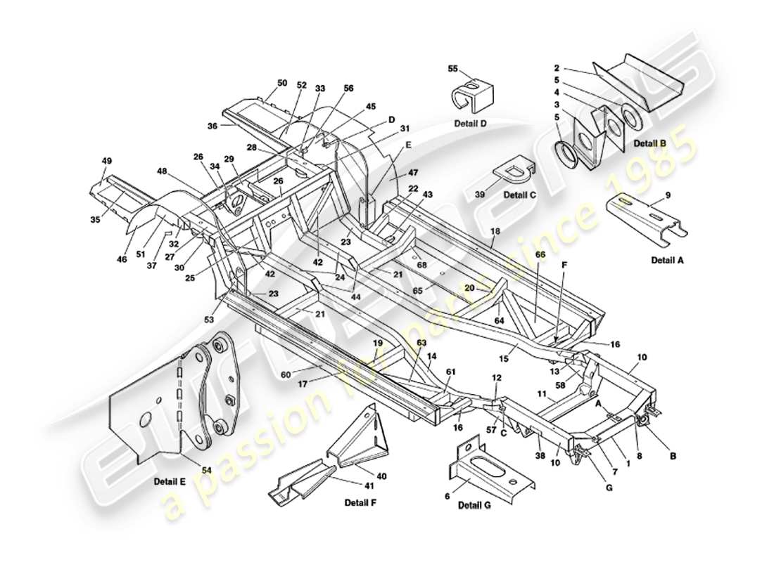 aston martin v8 volante (2000) chassis frame parts diagram