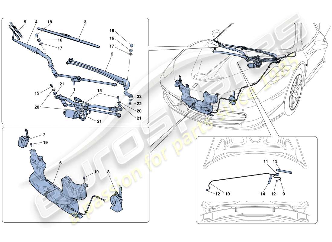 ferrari 458 speciale aperta (europe) windscreen wiper, windscreen washer and horns parts diagram