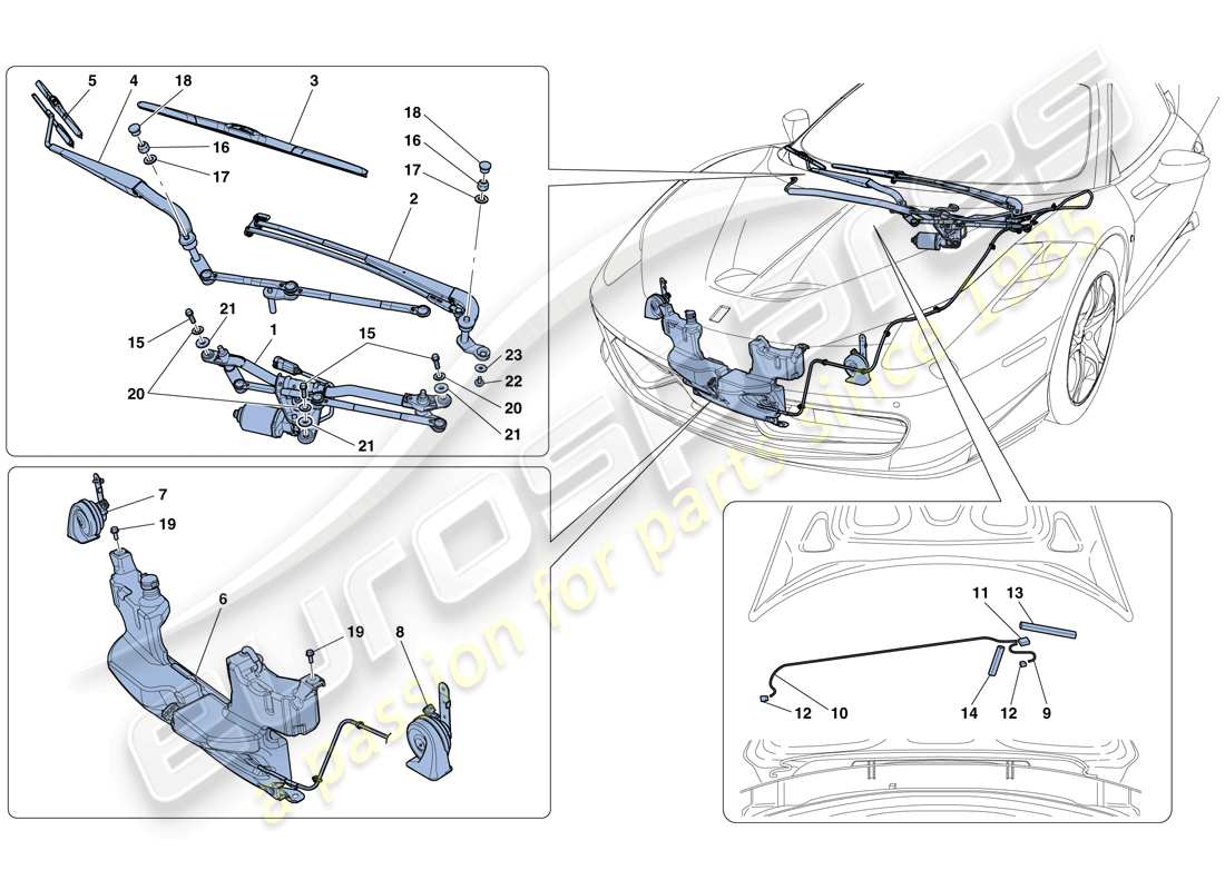 ferrari 458 speciale aperta (europe) windscreen wiper, windscreen washer and horns part diagram