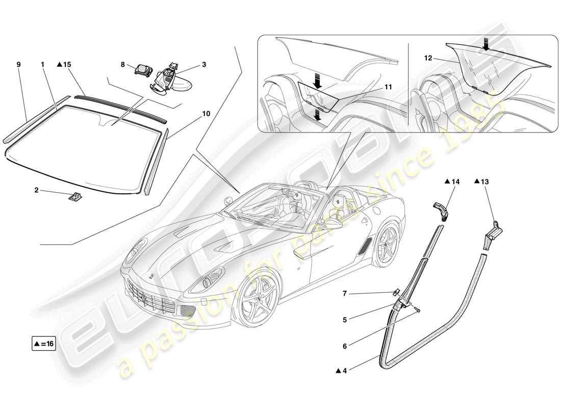 ferrari 599 sa aperta (europe) screens, windows and seals parts diagram