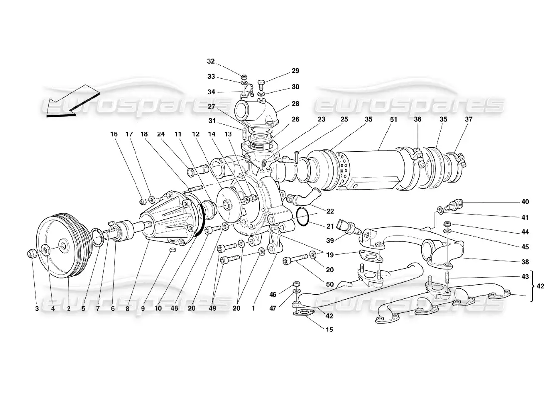 ferrari 355 (5.2 motronic) water pump and oil-water heat exchanger parts diagram