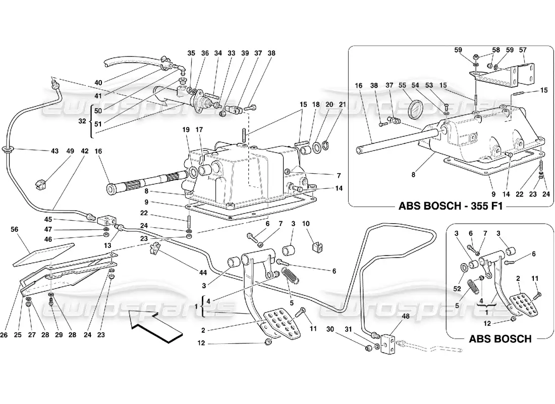 ferrari 355 (5.2 motronic) clutch release control and pedal support parts diagram