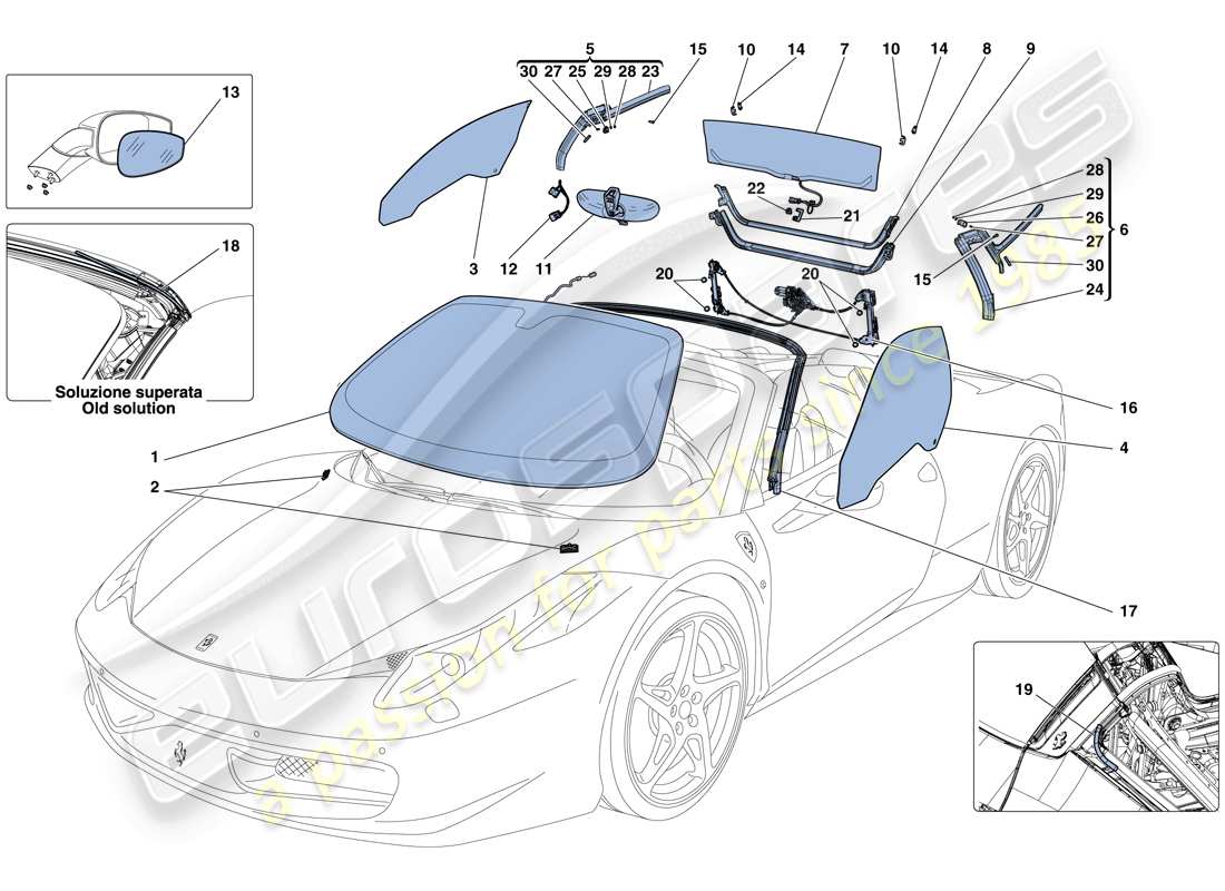 ferrari 458 spider (usa) screens, windows and seals part diagram