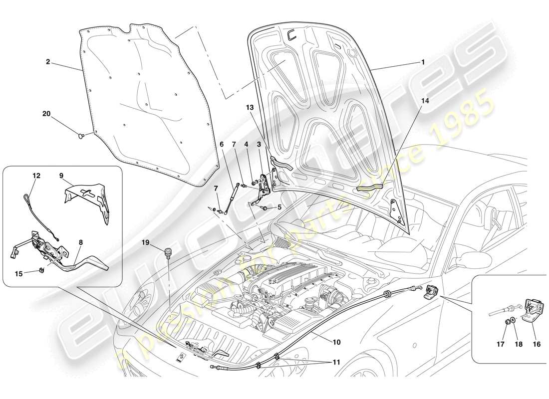 ferrari 612 scaglietti (rhd) engine compartment lid parts diagram