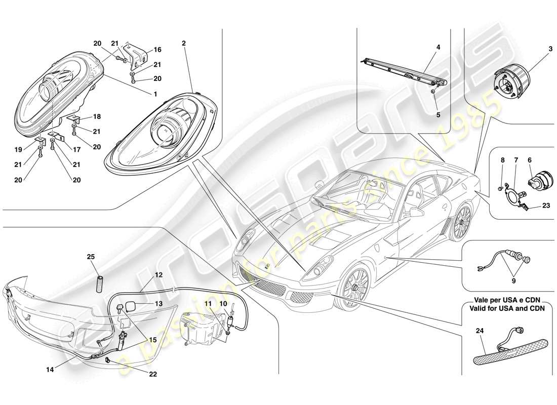 ferrari 599 gto (usa) headlights and taillights parts diagram