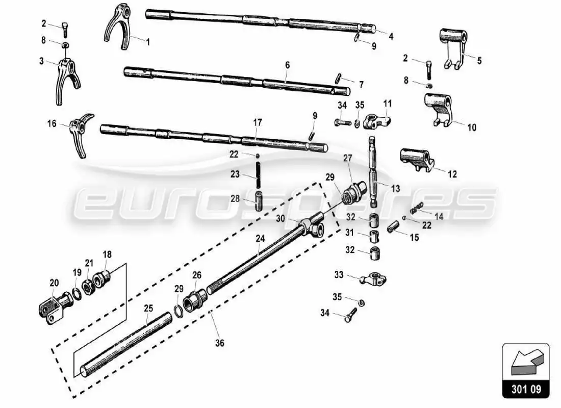 lamborghini miura p400s gearbox shifting rods and forks parts diagram