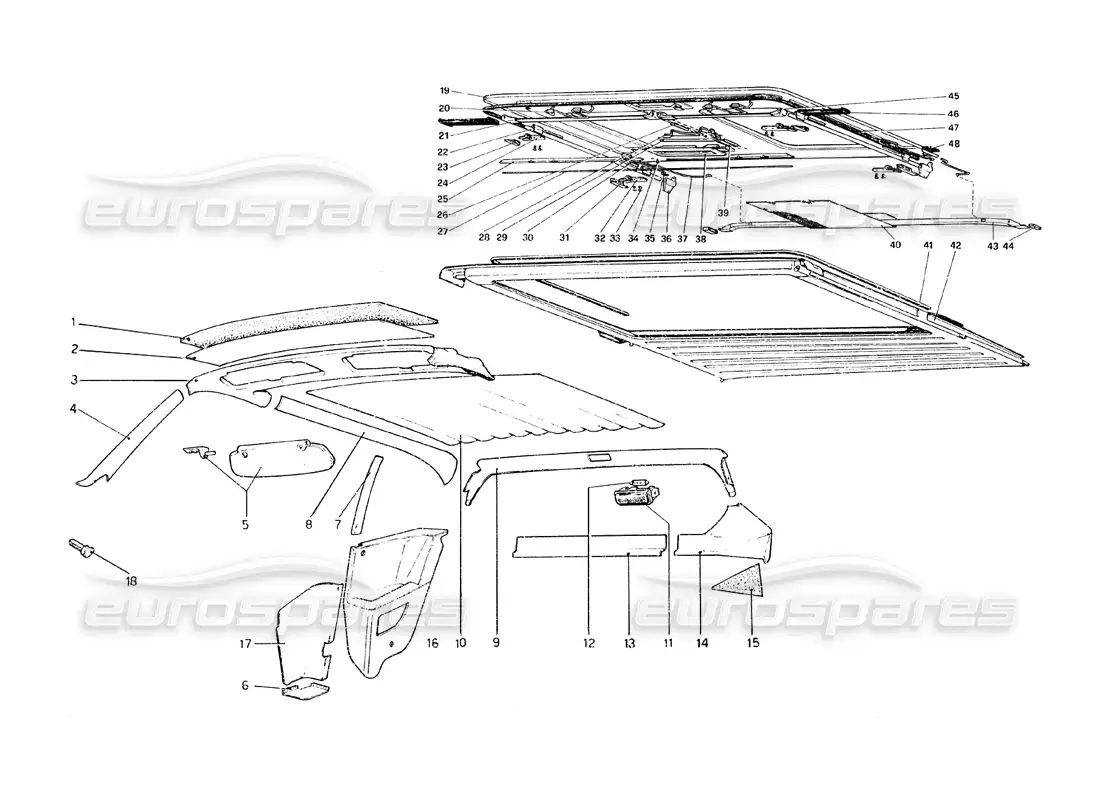 ferrari 308 gt4 dino (1979) interior trim, accessories and sliding roof parts diagram