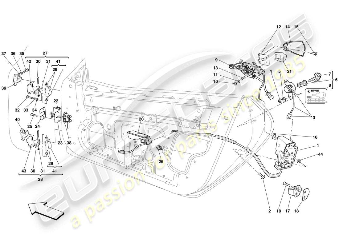 ferrari 599 sa aperta (usa) doors - opening mechanism and hinges part diagram