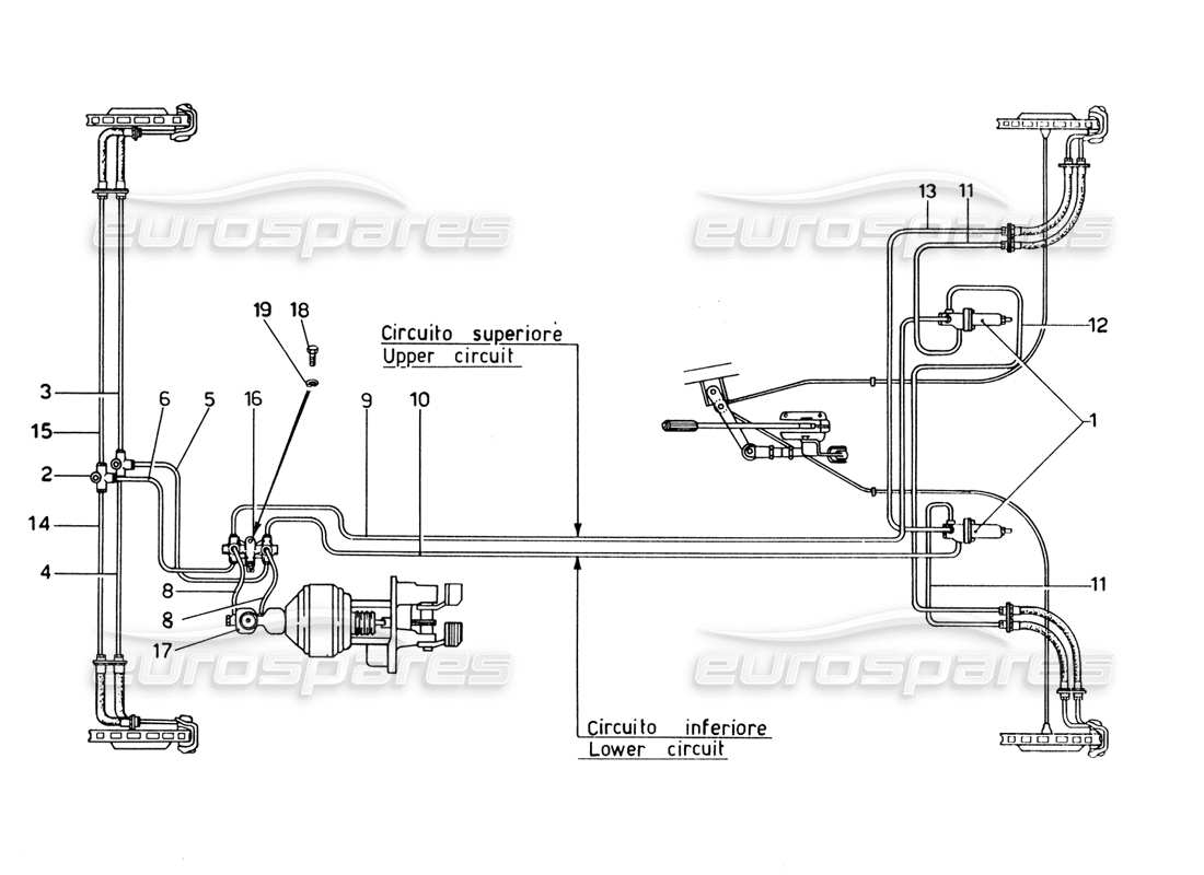 ferrari 365 gtb4 daytona (1969) brake lines system (1974 revision) parts diagram