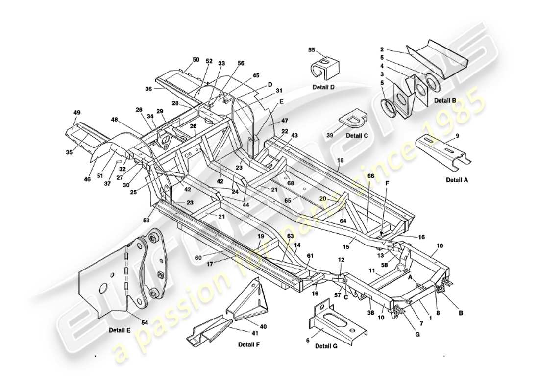 aston martin v8 volante (1999) chassis frame part diagram
