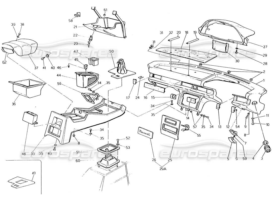 maserati 222 / 222e biturbo instrument panel and console (rh steering) parts diagram