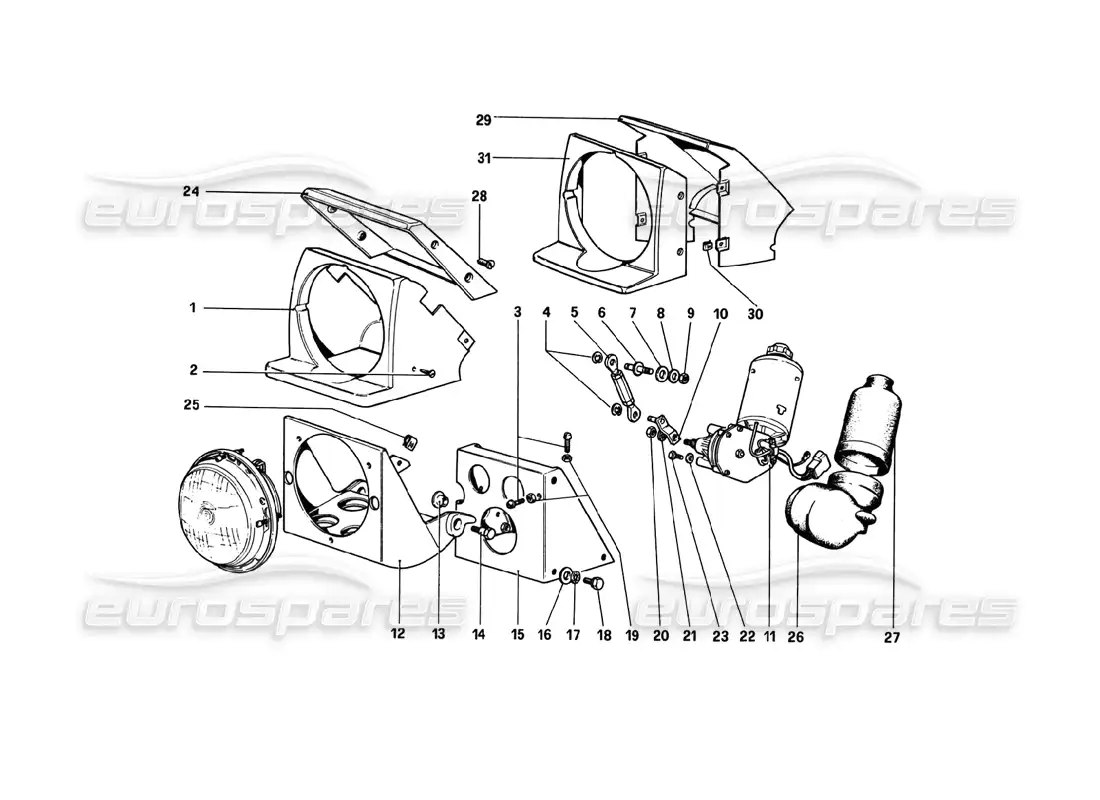 ferrari 308 gtb (1980) headlights lifting device (variants for rhd - aus versions) parts diagram