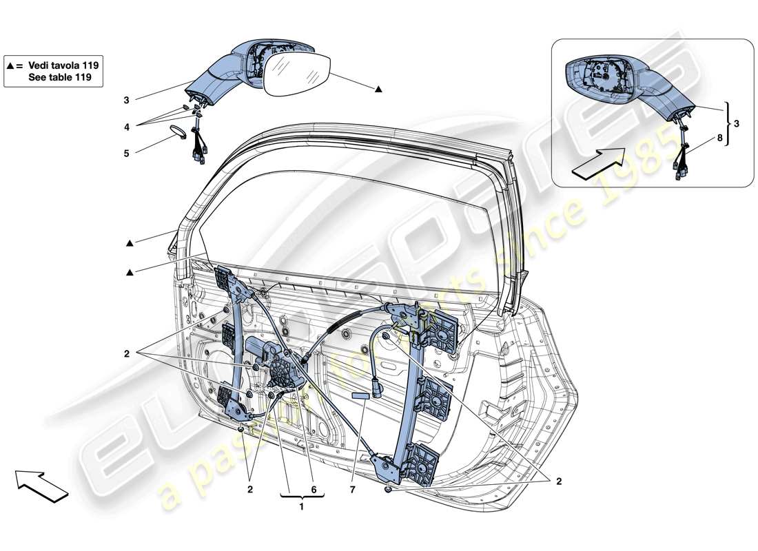 ferrari 488 gtb (europe) doors - power window and rear view mirror parts diagram