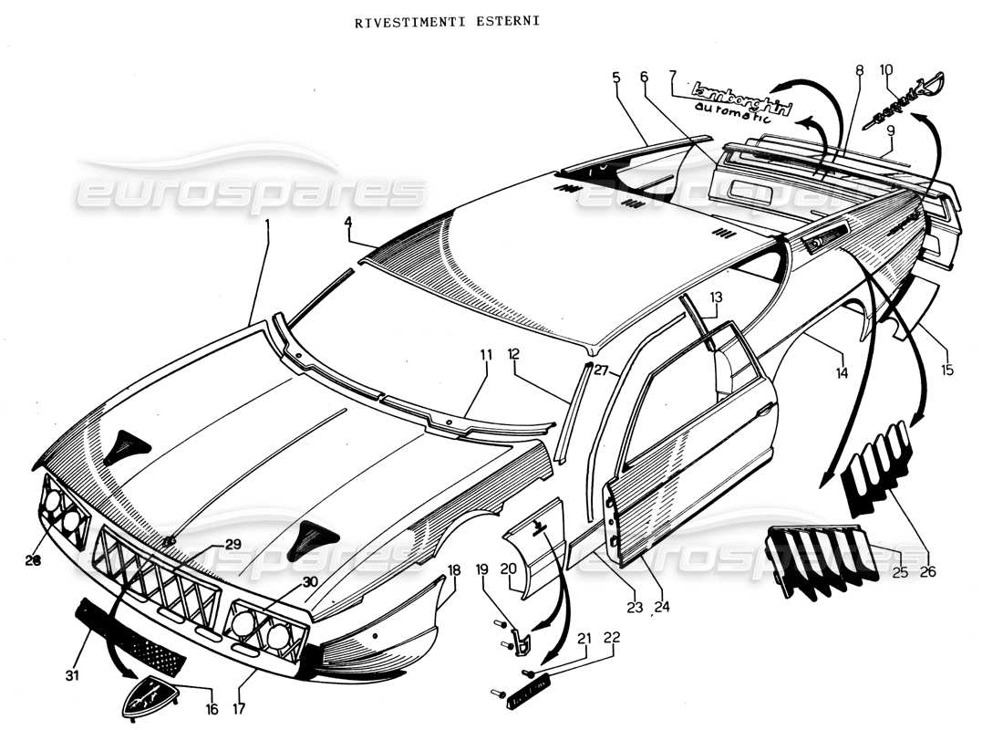 lamborghini espada body panels & external fixings parts diagram