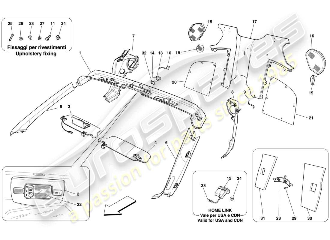 ferrari 599 sa aperta (usa) windscreen rim and rear passenger compartment trim parts diagram