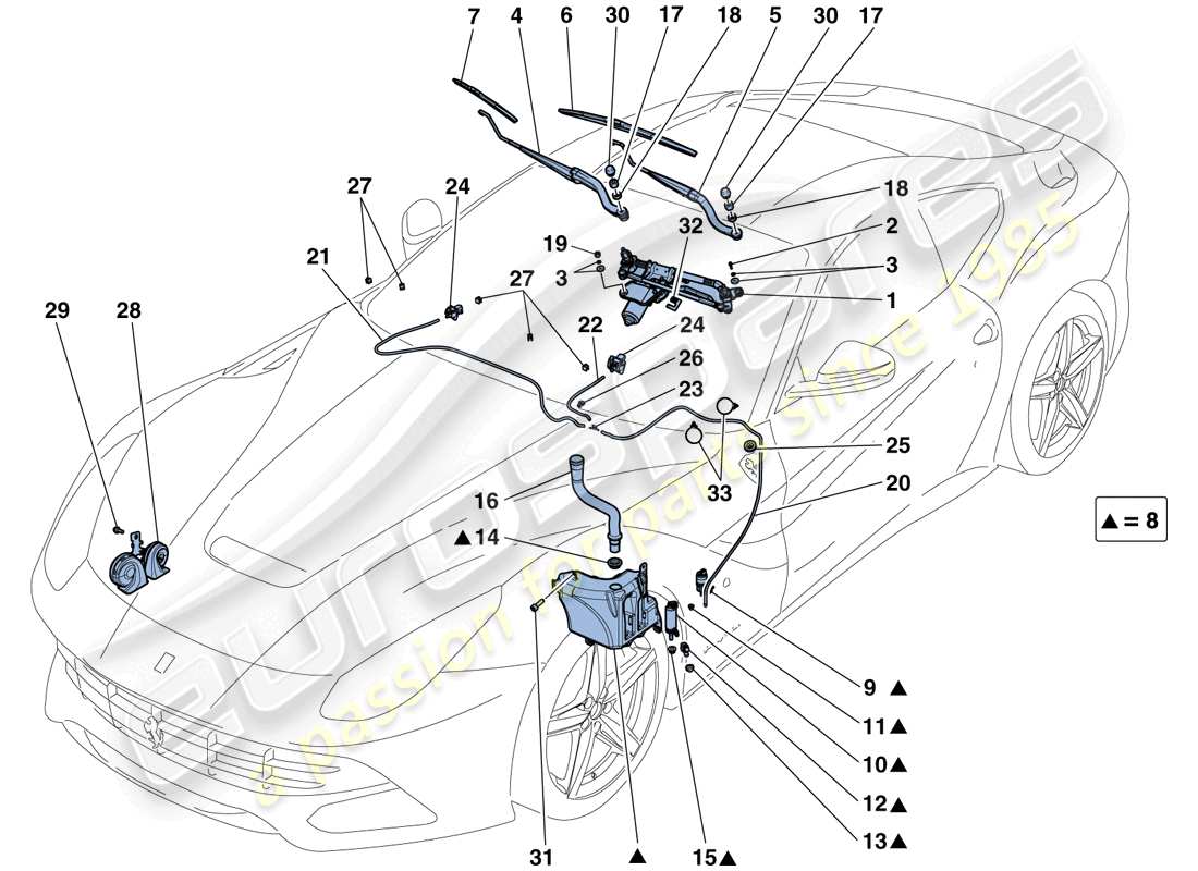 ferrari f12 berlinetta (europe) windscreen wiper, windscreen washer and horns parts diagram