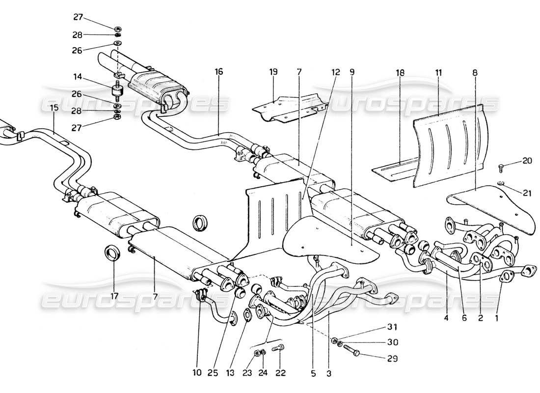 ferrari 365 gtc4 (mechanical) exhaust system - revision part diagram