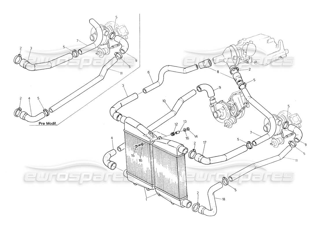 maserati biturbo spider heat exchanger - pipes part diagram