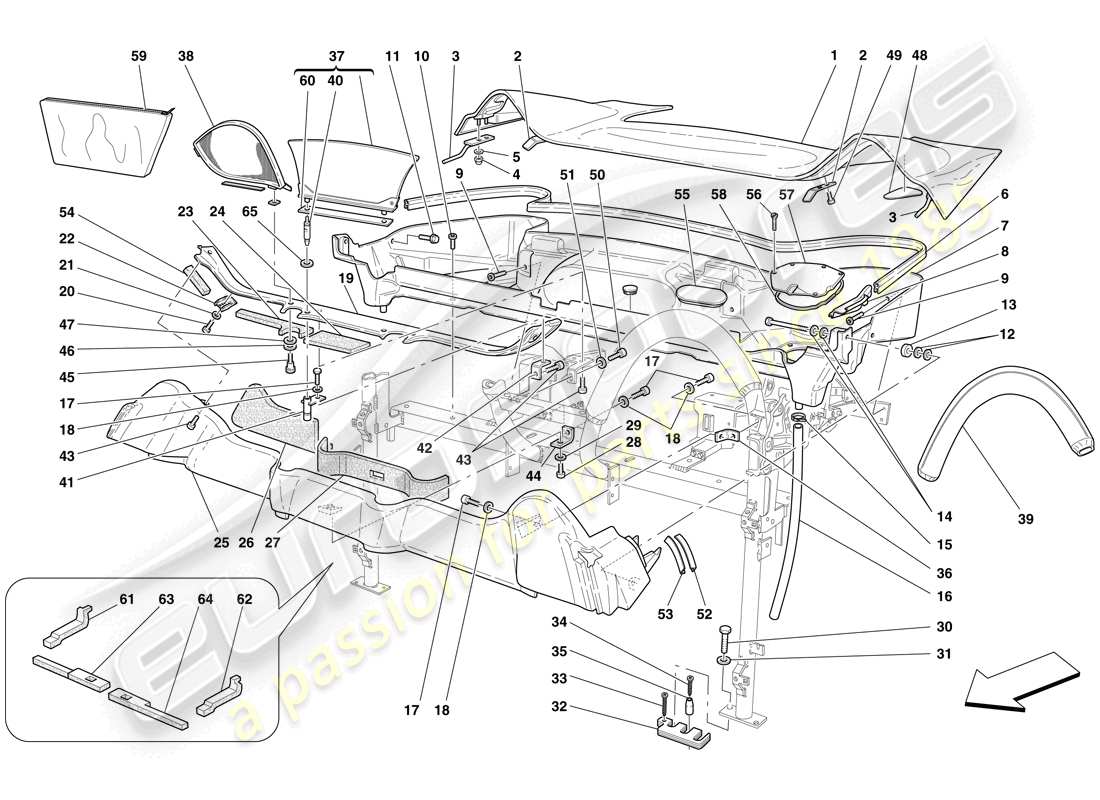 ferrari f430 spider (europe) roof trim and tub parts diagram