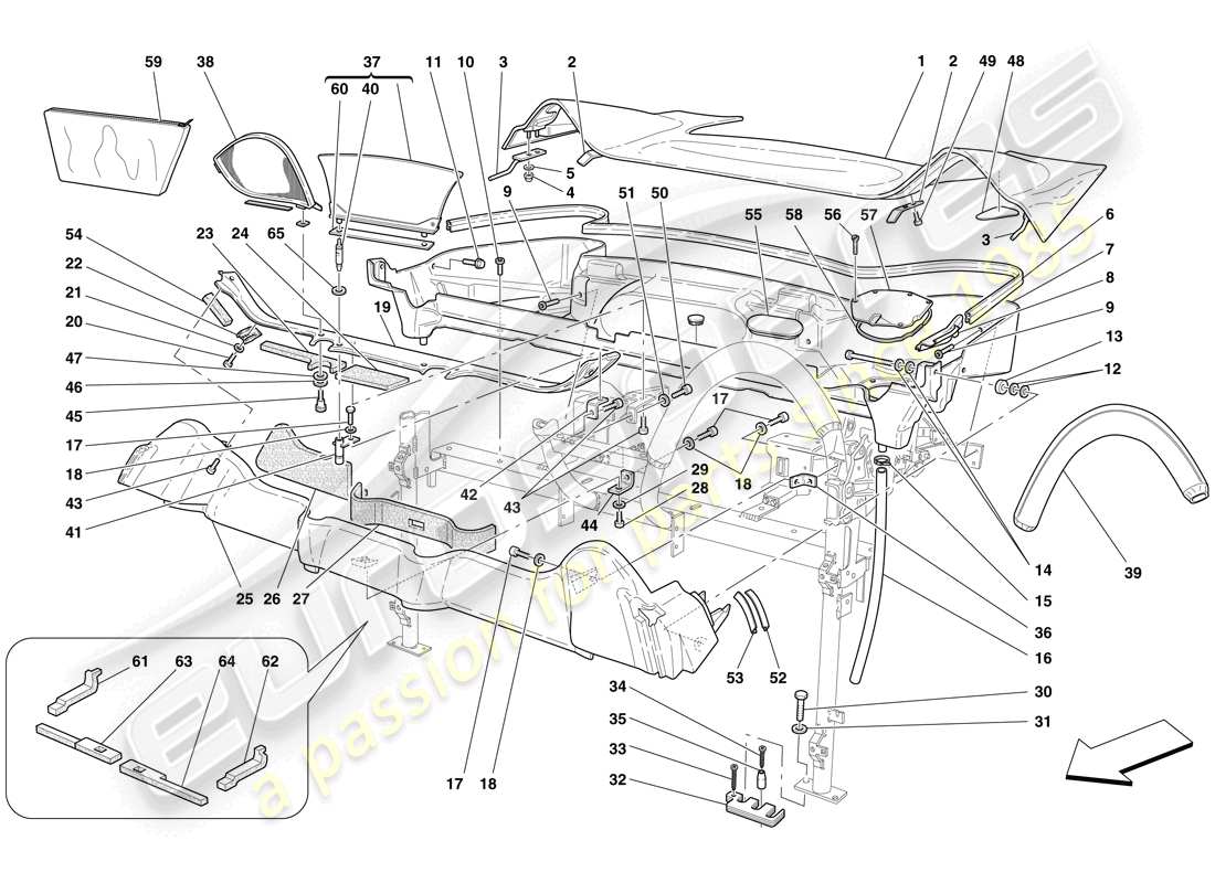 ferrari f430 spider (europe) roof trim and tub part diagram