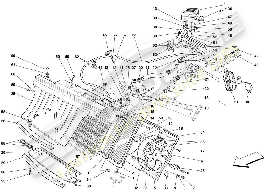 ferrari 612 scaglietti (rhd) cooling system - radiator and header tank parts diagram